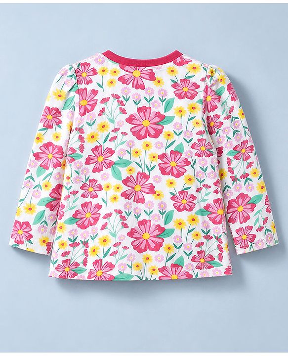 Babyhug 100% Cotton Knit Full Sleeves Co-Ords T-Shirt & Pyjama Night Suit with Floral Print - White