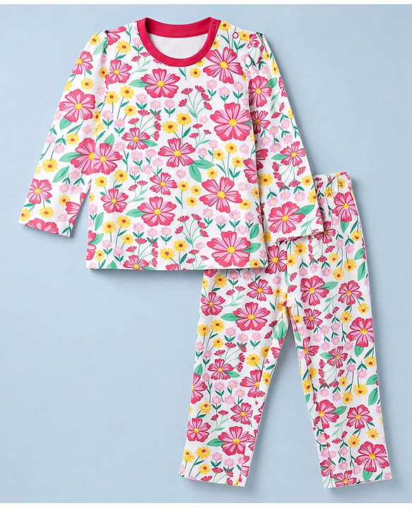 Babyhug 100% Cotton Knit Full Sleeves Co-Ords T-Shirt & Pyjama Night Suit with Floral Print - White