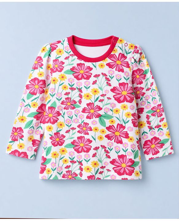 Babyhug 100% Cotton Knit Full Sleeves Co-Ords T-Shirt & Pyjama Night Suit with Floral Print - White