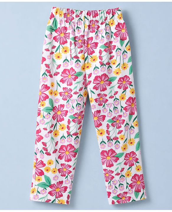 Babyhug 100% Cotton Knit Full Sleeves Co-Ords T-Shirt & Pyjama Night Suit with Floral Print - White
