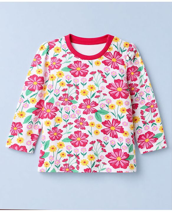 Babyhug 100% Cotton Knit Full Sleeves Co-Ords T-Shirt & Pyjama Night Suit with Floral Print - White