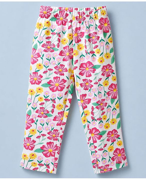 Babyhug 100% Cotton Knit Full Sleeves Co-Ords T-Shirt & Pyjama Night Suit with Floral Print - White
