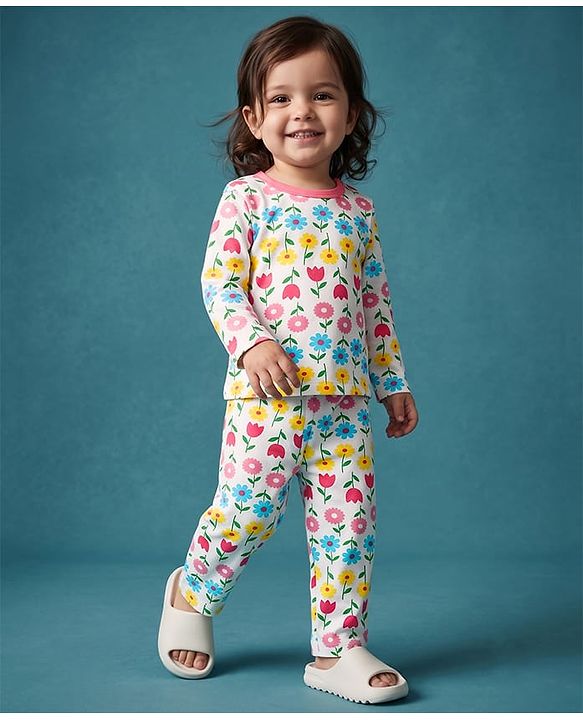Babyhug 100% Cotton Knit Full Sleeves Co-Ords T-Shirt & Pyjama Night Suit with Floral Print - White