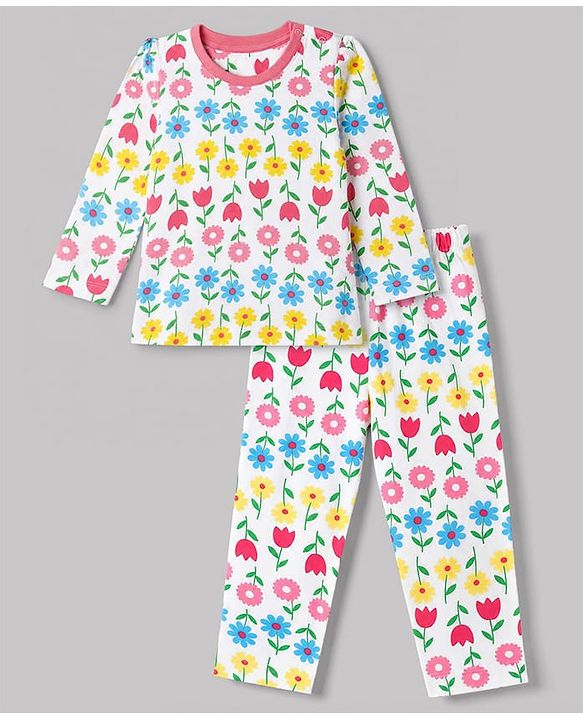Babyhug 100% Cotton Knit Full Sleeves Co-Ords T-Shirt & Pyjama Night Suit with Floral Print - White