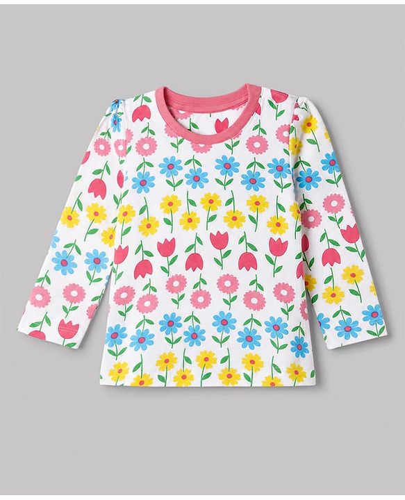 Babyhug 100% Cotton Knit Full Sleeves Co-Ords T-Shirt & Pyjama Night Suit with Floral Print - White