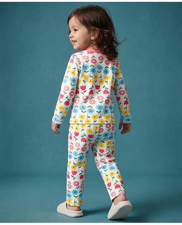 Babyhug 100% Cotton Knit Full Sleeves Co-Ords T-Shirt & Pyjama Night Suit with Floral Print - White