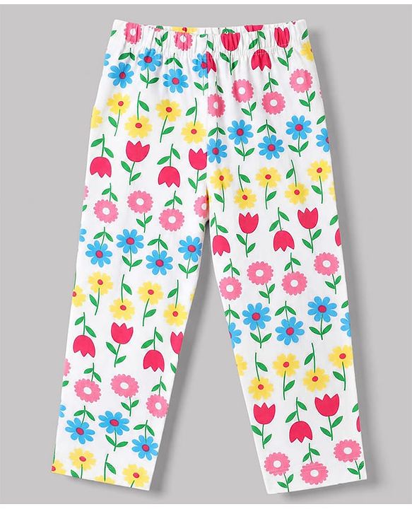 Babyhug 100% Cotton Knit Full Sleeves Co-Ords T-Shirt & Pyjama Night Suit with Floral Print - White