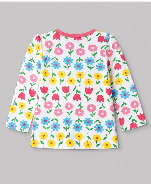 Babyhug 100% Cotton Knit Full Sleeves Co-Ords T-Shirt & Pyjama Night Suit with Floral Print - White