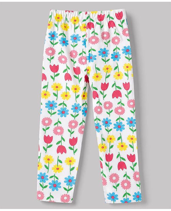 Babyhug 100% Cotton Knit Full Sleeves Co-Ords T-Shirt & Pyjama Night Suit with Floral Print - White
