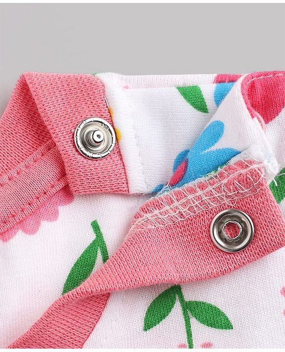 Babyhug 100% Cotton Knit Full Sleeves Co-Ords T-Shirt & Pyjama Night Suit with Floral Print - White