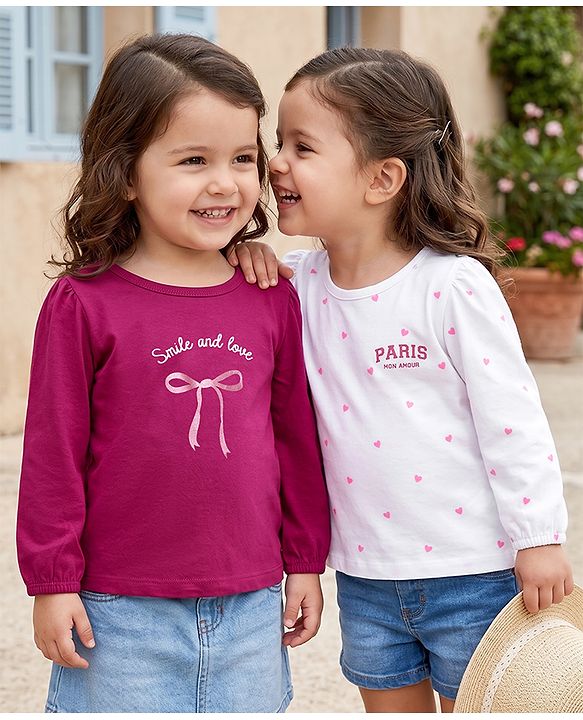 Babyhug 100% Cotton Knit Full Sleeves T-Shirts with Heart Text & Bow Print Pack of 2 - White Dark Pink