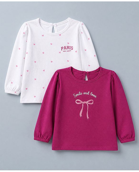 Babyhug 100% Cotton Knit Full Sleeves T-Shirts with Heart Text & Bow Print Pack of 2 - White Dark Pink
