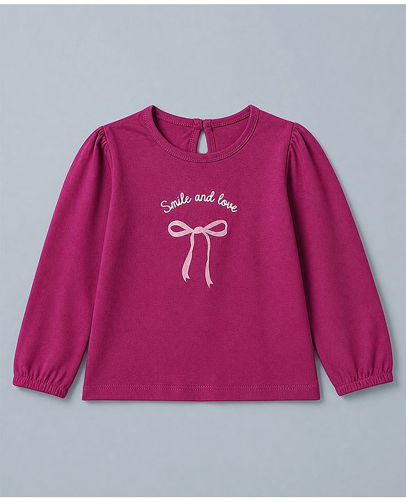 Babyhug 100% Cotton Knit Full Sleeves T-Shirts with Heart Text & Bow Print Pack of 2 - White Dark Pink