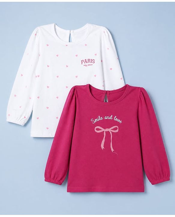 Babyhug 100% Cotton Knit Full Sleeves T-Shirts with Heart Text & Bow Print Pack of 2 - White Dark Pink