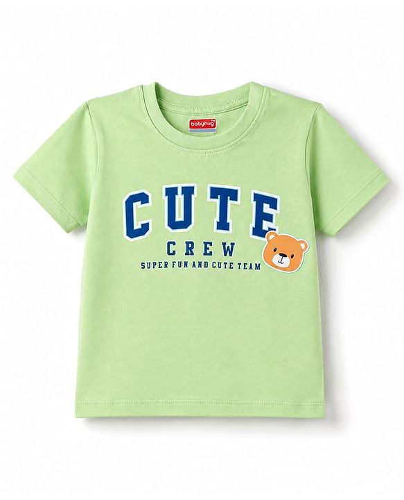 Babyhug 100% Cotton Knit T-Shirt Half Sleeves Bear Print Green 6-9 Months