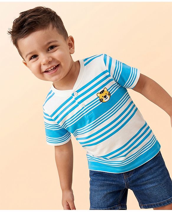 Babyhug 100% Cotton Knit Striped T-Shirt Half Sleeves with Cub Face Print Multi Color 6-9 Months