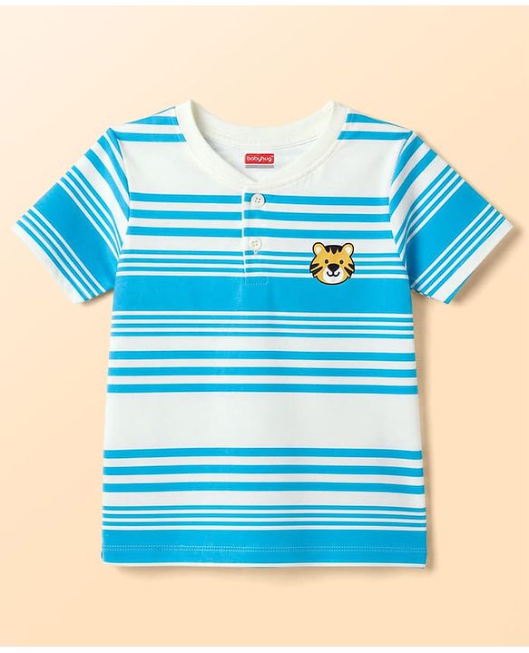 Babyhug 100% Cotton Knit Striped T-Shirt Half Sleeves with Cub Face Print Multi Color 6-9 Months