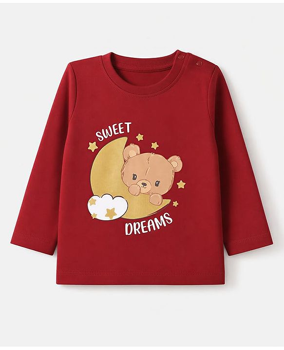 Babyhug 100% Cotton Knit Full Sleeves T-Shirt & Pyjama Night Suit with Bear & Moon Print - Red