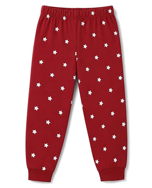 Babyhug 100% Cotton Knit Full Sleeves T-Shirt & Pyjama Night Suit with Bear & Moon Print - Red