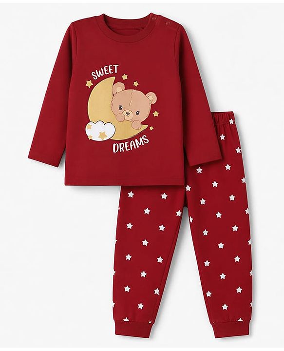 Babyhug 100% Cotton Knit Full Sleeves T-Shirt & Pyjama Night Suit with Bear & Moon Print - Red