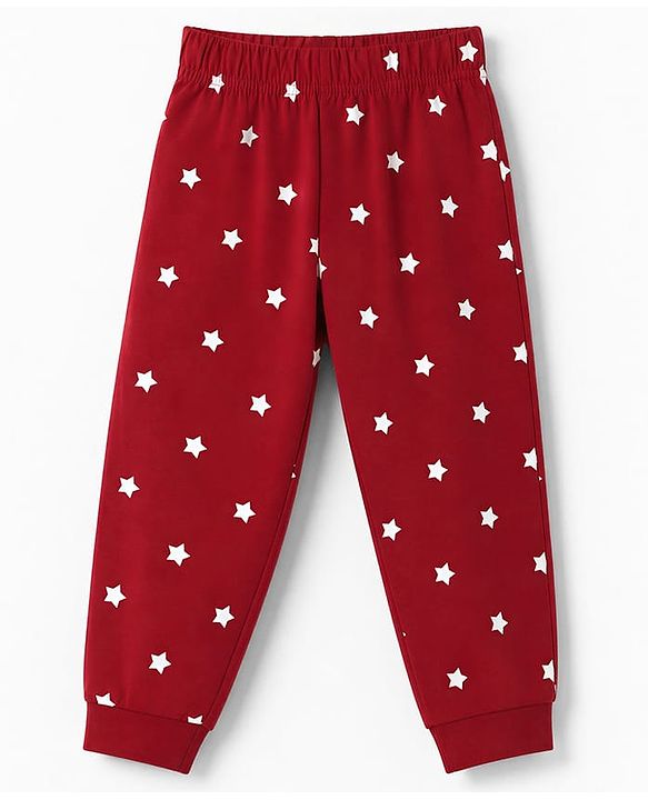 Babyhug 100% Cotton Knit Full Sleeves T-Shirt & Pyjama Night Suit with Bear & Moon Print - Red