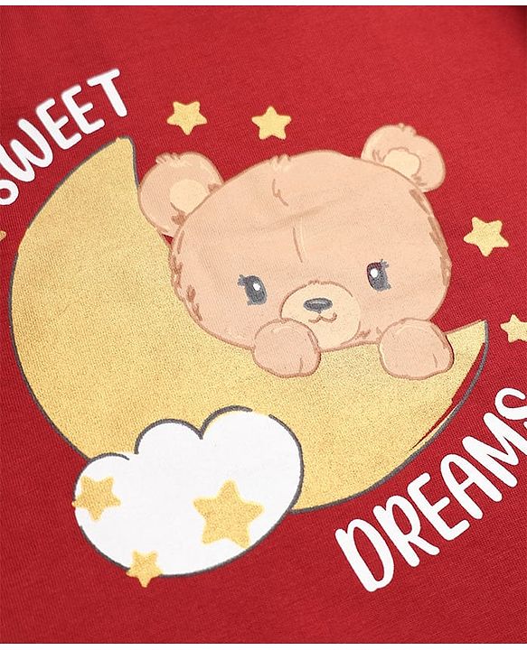 Babyhug 100% Cotton Knit Full Sleeves T-Shirt & Pyjama Night Suit with Bear & Moon Print - Red