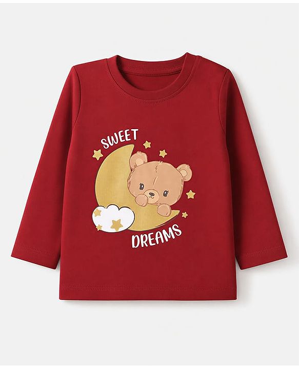 Babyhug 100% Cotton Knit Full Sleeves T-Shirt & Pyjama Night Suit with Bear & Moon Print - Red