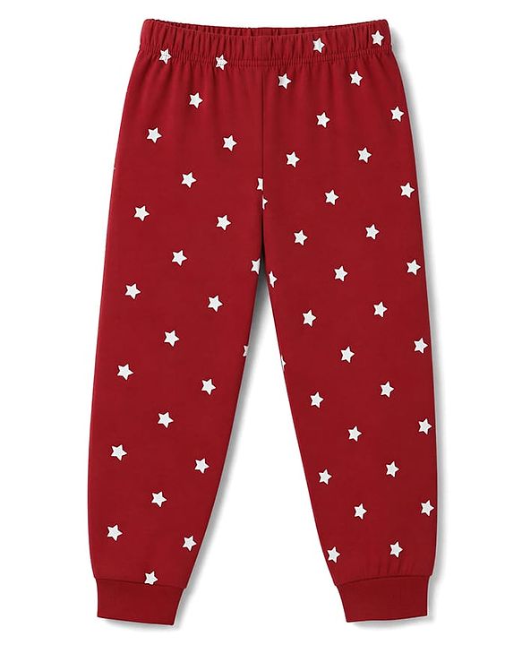 Babyhug 100% Cotton Knit Full Sleeves T-Shirt & Pyjama Night Suit with Bear & Moon Print - Red