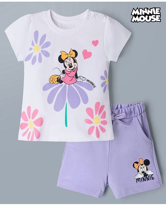 Babyhug Disney Single Jersey Knit Half Sleeves T-Shirt & Shorts Set with Minnie Mouse Graphics - White & Lavender