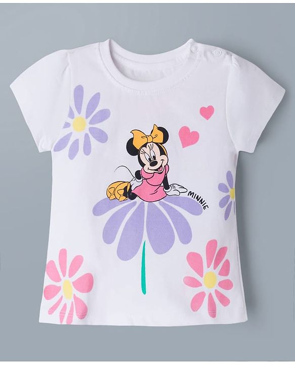Babyhug Disney Single Jersey Knit Half Sleeves T-Shirt & Shorts Set with Minnie Mouse Graphics - White & Lavender
