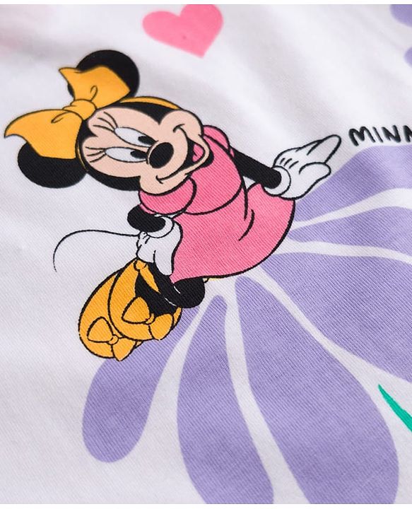 Babyhug Disney Single Jersey Knit Half Sleeves T-Shirt & Shorts Set with Minnie Mouse Graphics - White & Lavender