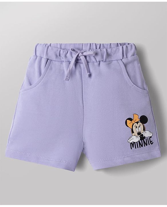 Babyhug Disney Single Jersey Knit Half Sleeves T-Shirt & Shorts Set with Minnie Mouse Graphics - White & Lavender