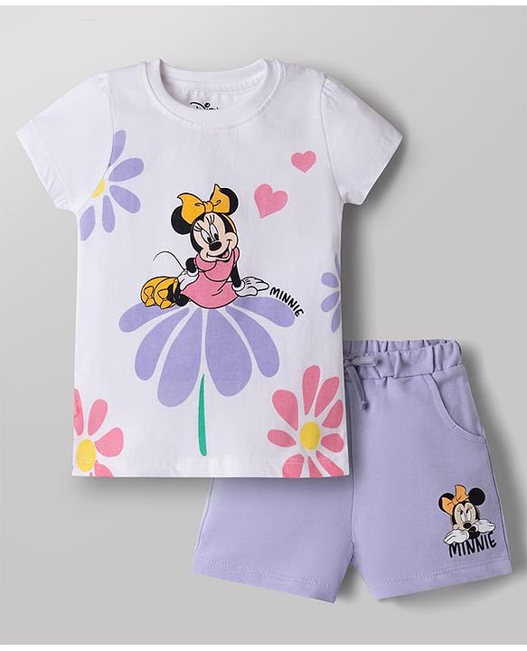 Babyhug Disney Single Jersey Knit Half Sleeves T-Shirt & Shorts Set with Minnie Mouse Graphics - White & Lavender