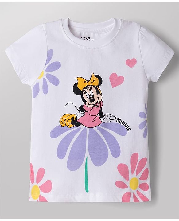 Babyhug Disney Single Jersey Knit Half Sleeves T-Shirt & Shorts Set with Minnie Mouse Graphics - White & Lavender