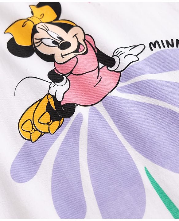 Babyhug Disney Single Jersey Knit Half Sleeves T-Shirt & Shorts Set with Minnie Mouse Graphics - White & Lavender