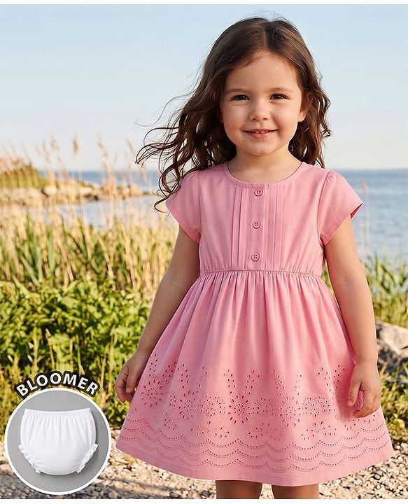 Babyhug Schiffili Woven Half Sleeves Floral Embroidered  Frock with Bloomer - Pink