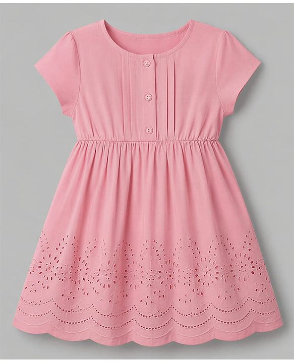 Babyhug Schiffili Woven Half Sleeves Floral Embroidered  Frock with Bloomer - Pink