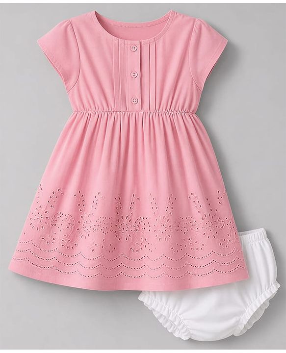 Babyhug Schiffili Woven Half Sleeves Floral Embroidered  Frock with Bloomer - Pink