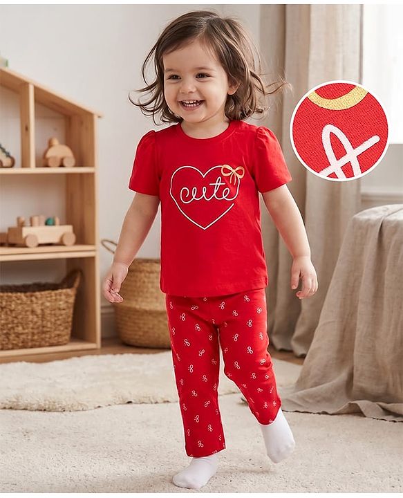 Babyhug 100% Cotton Knit Half Sleeves T-Shirt & Pyjama Night Suit with Cute Heart & Bow Print - Red