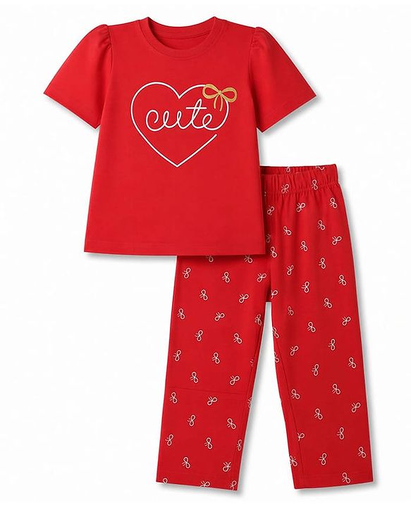 Babyhug 100% Cotton Knit Half Sleeves T-Shirt & Pyjama Night Suit with Cute Heart & Bow Print - Red