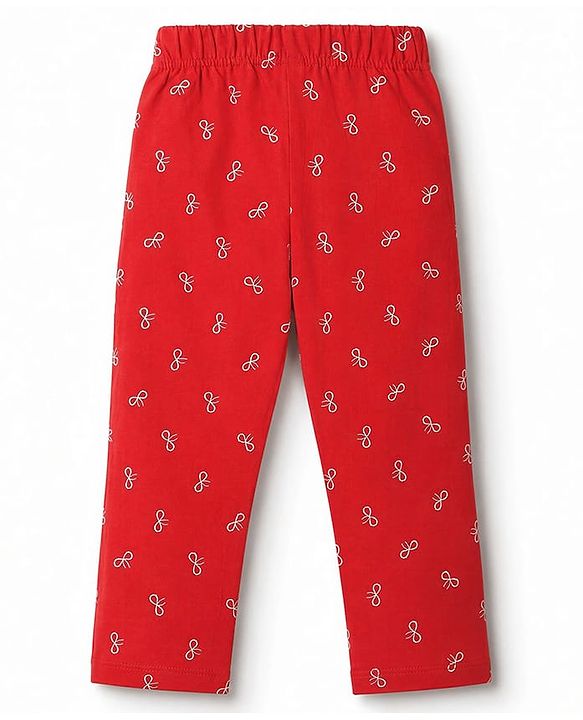 Babyhug 100% Cotton Knit Half Sleeves T-Shirt & Pyjama Night Suit with Cute Heart & Bow Print - Red