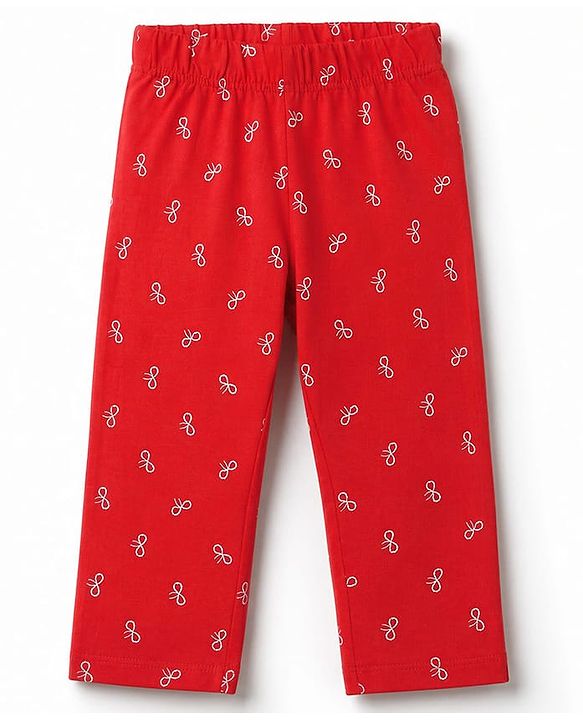 Babyhug 100% Cotton Knit Half Sleeves T-Shirt & Pyjama Night Suit with Cute Heart & Bow Print - Red