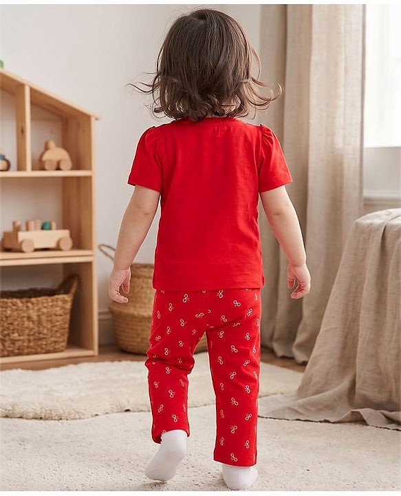 Babyhug 100% Cotton Knit Half Sleeves T-Shirt & Pyjama Night Suit with Cute Heart & Bow Print - Red