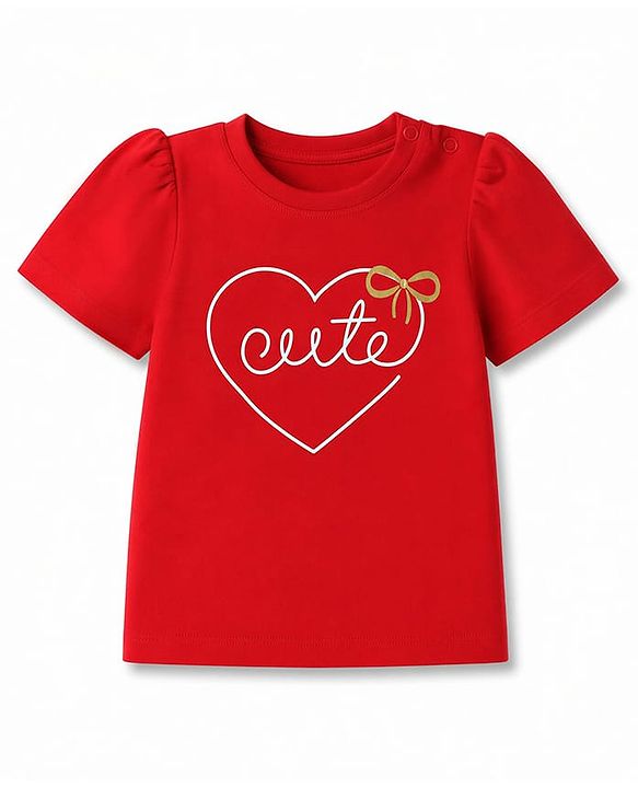 Babyhug 100% Cotton Knit Half Sleeves T-Shirt & Pyjama Night Suit with Cute Heart & Bow Print - Red