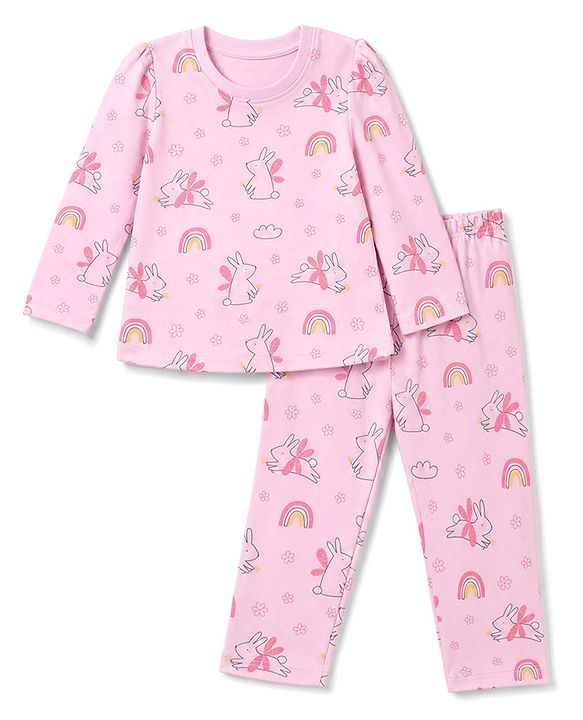 Babyhug 100% Cotton Knit Full Sleeves Co-Ords Top & Pyjama Night Suit with Bunny Rainbow & Floral Print - Pink