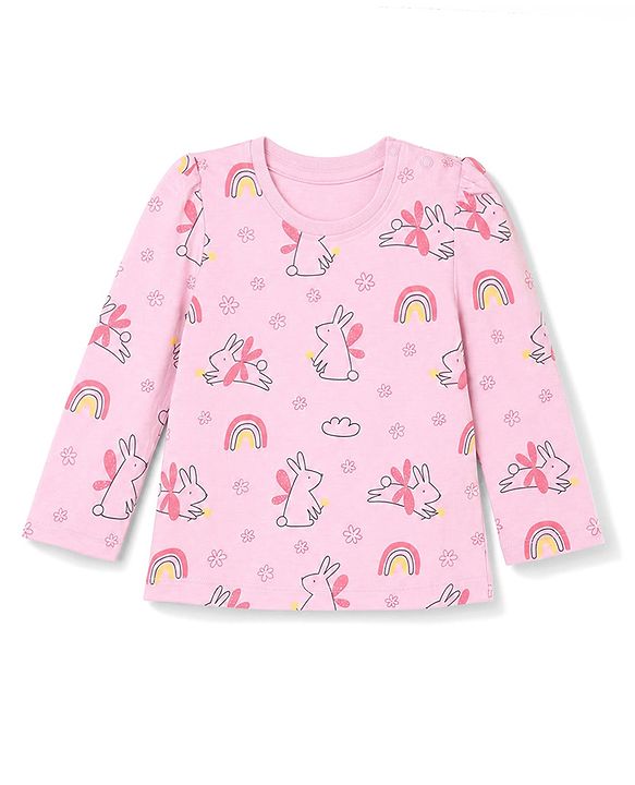 Babyhug 100% Cotton Knit Full Sleeves Co-Ords Top & Pyjama Night Suit with Bunny Rainbow & Floral Print - Pink