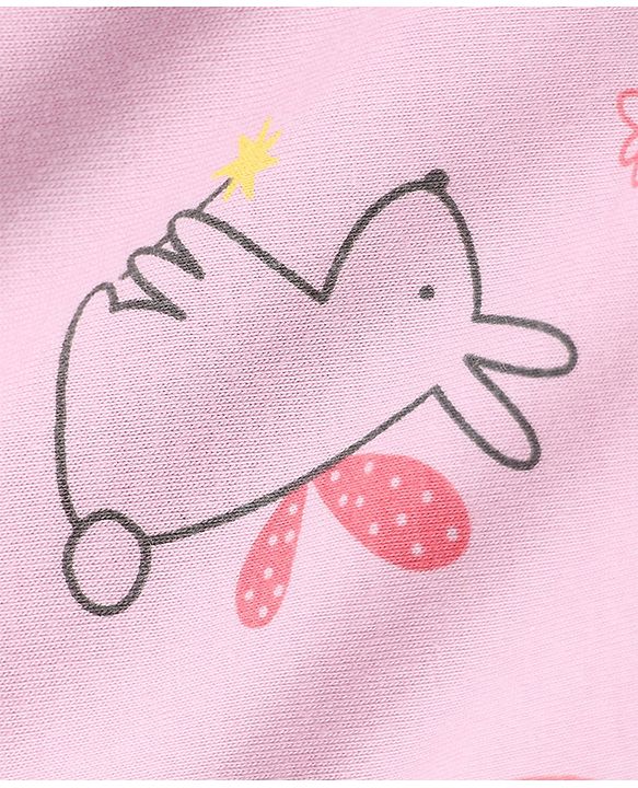 Babyhug 100% Cotton Knit Full Sleeves Co-Ords Top & Pyjama Night Suit with Bunny Rainbow & Floral Print - Pink