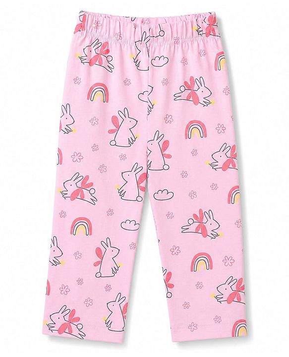 Babyhug 100% Cotton Knit Full Sleeves Co-Ords Top & Pyjama Night Suit with Bunny Rainbow & Floral Print - Pink