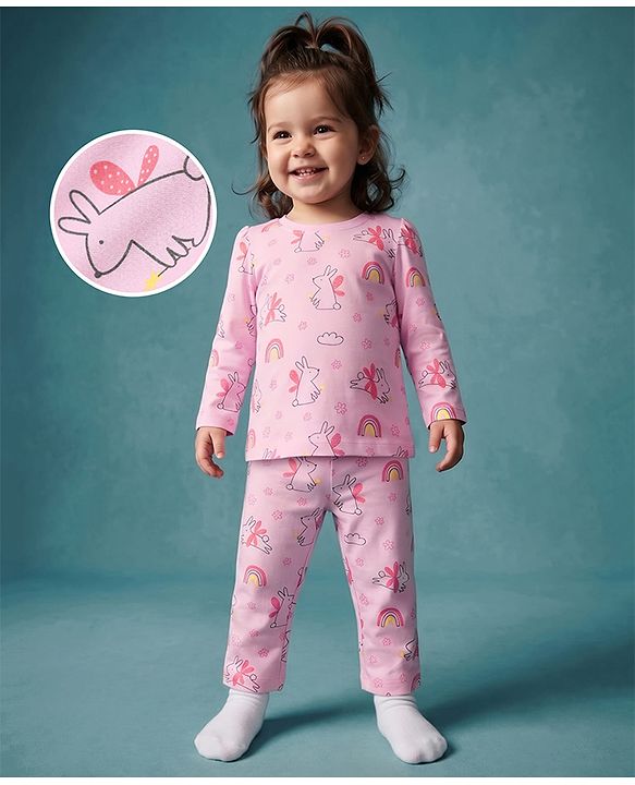 Babyhug 100% Cotton Knit Full Sleeves Co-Ords Top & Pyjama Night Suit with Bunny Rainbow & Floral Print - Pink