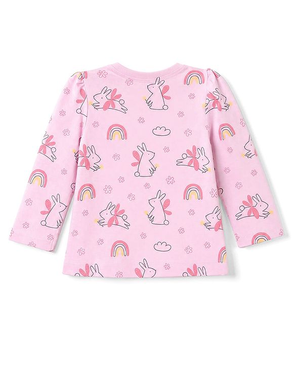 Babyhug 100% Cotton Knit Full Sleeves Co-Ords Top & Pyjama Night Suit with Bunny Rainbow & Floral Print - Pink